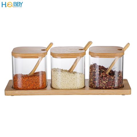 Combo 3 hũ thủy tinh nắp gỗ đựng gia vị Hobby home decor GVV1 có muỗng