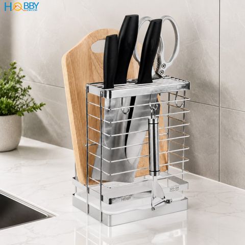 Kệ cắm dao keo thớt có 3 móc treo đồ inox 304 Hobby Home Decor DD2N3