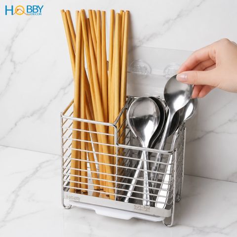 Kệ đựng đũa muỗng 2 ngăn inox 304 dán tường Hobby Home Decor DM06