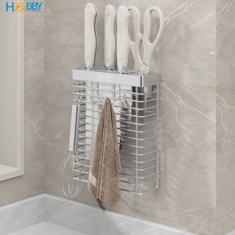 Kệ để dao kéo có móc treo khăn inox 304 dán tường Hobby home decor TD1