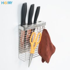 Kệ để dao kéo có móc treo khăn inox 304 dán tường Hobby home decor TD1