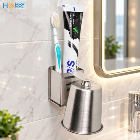 Bộ kệ để bàn chải đánh răng kèm ly inox 304 Hobby Home Decor KBC5