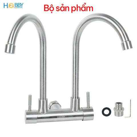 Vòi rửa chén gắn tường 2 đầu xả inox 304 Hobby home decor G2D