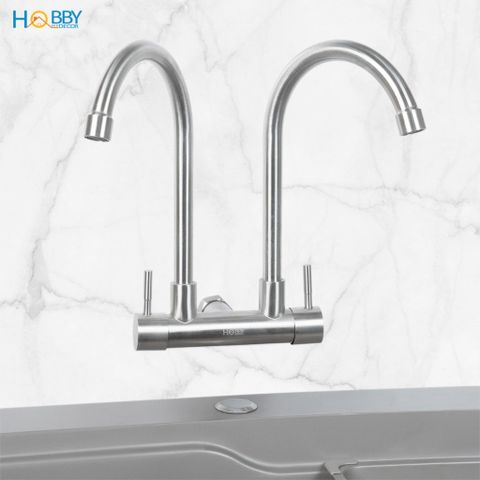 Vòi rửa chén gắn tường 2 đầu xả inox 304 Hobby home decor G2D