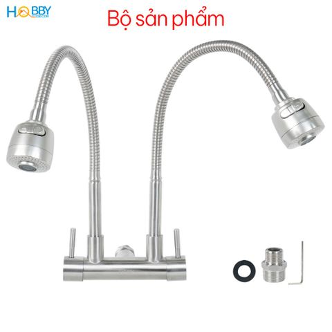 Vòi rửa chén gắn tường 2 đầu xả tăng áp inox 304 Hobby home decor G2T