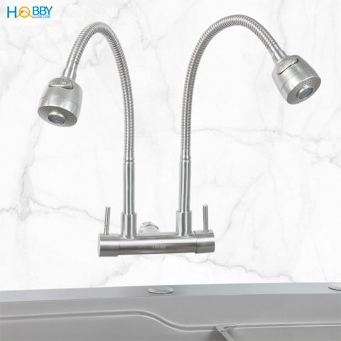 Vòi rửa chén gắn tường 2 đầu xả tăng áp inox 304 Hobby home decor G2T