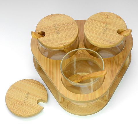 Bộ 3 hủ thủy tinh đựng gia vị khay gỗ Hobby Home Decor VTG có muỗng