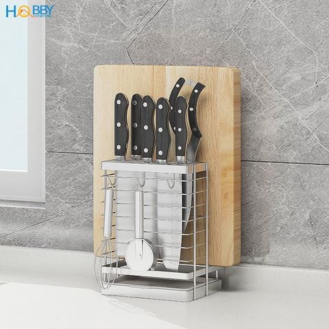 Kệ cắm dao keo thớt có 3 móc treo đồ inox 304 Hobby Home Decor DD2N3