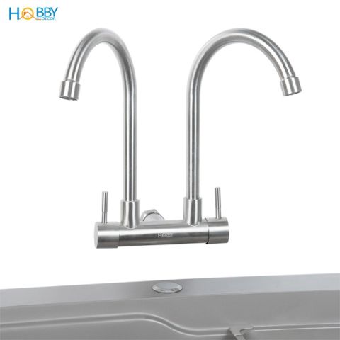 Vòi rửa chén gắn tường 2 đầu xả inox 304 Hobby home decor G2D