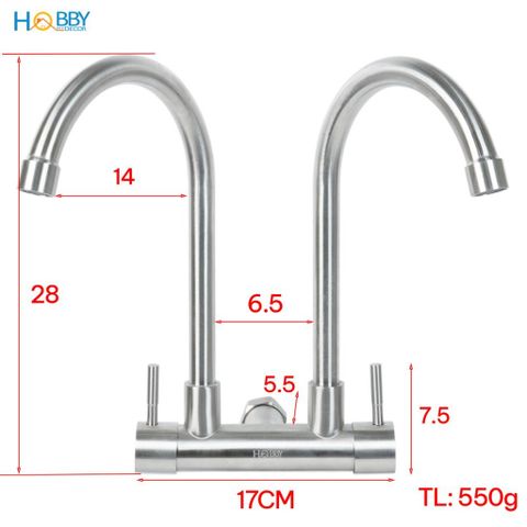 Vòi rửa chén gắn tường 2 đầu xả inox 304 Hobby home decor G2D