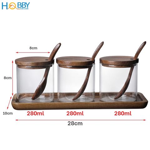 Combo 3 hủ gia vị thủy tinh kèm khay muỗng Hobby Home Decor HGV3D bằng gỗ keo - dung tích mỗi lọ 280ml