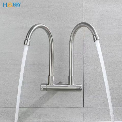 Vòi rửa chén gắn tường 2 đầu xả inox 304 Hobby home decor G2D