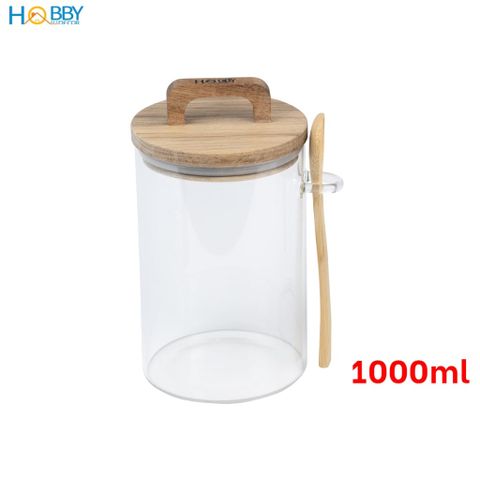 Hũ thuỷ tinh nắp gỗ có muỗng ron cao su Hobby home decor LTT3 dung tích tuỳ chọn