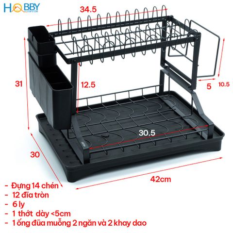 Kệ chén 2 tầng đa năng 3 trong 1 sơn đen Hobby home decor KC6