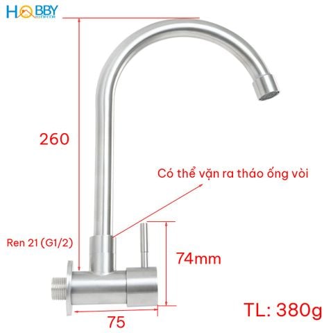 Vòi rửa chén thân lạnh đơn gắn tường inox 304 Hobby home decor VT5