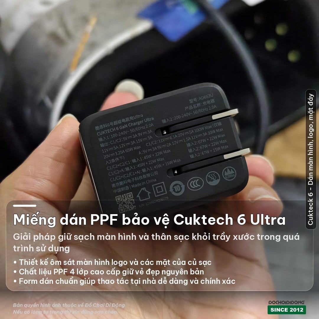 Miếng dán PPF chống trầy dock sạc Cuktech 6 Ultra AD653U – Full thân sạc, PPF 4 lớp cao cấp, dễ dán