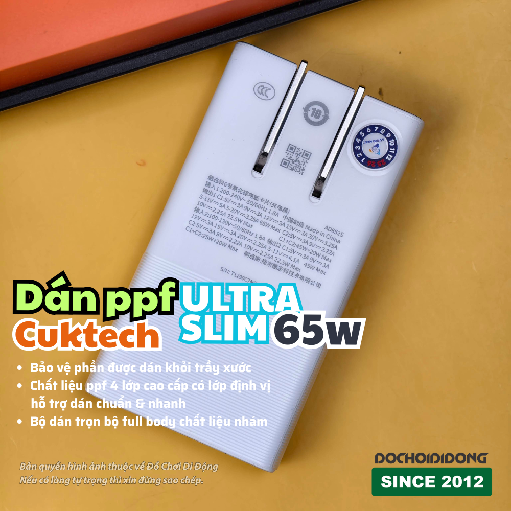 Bộ Dán PPF Full Body Cho Củ Sạc Cuktech Ultra Slim 65W – Chống Trầy Xước, Chống Bám Vân Tay, Bảo Vệ Toàn Diện