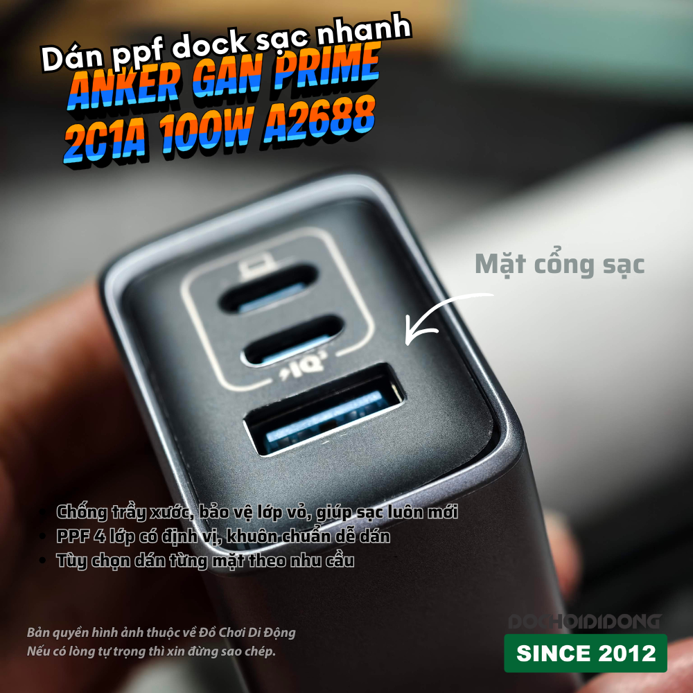 Dán PPF Bảo Vệ Mặt Cổng Sạc Anker GaN Prime 2C1A 100W A2688 (Chống Trầy Xước - Nhám/Bóng)