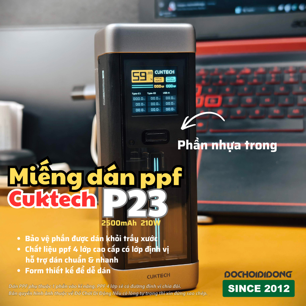 Miếng dán PPF Hydorgen Sạc Dự Phòng Cuktech P23 25000mAh 2C1A 210W  trong, nhám cao cấp