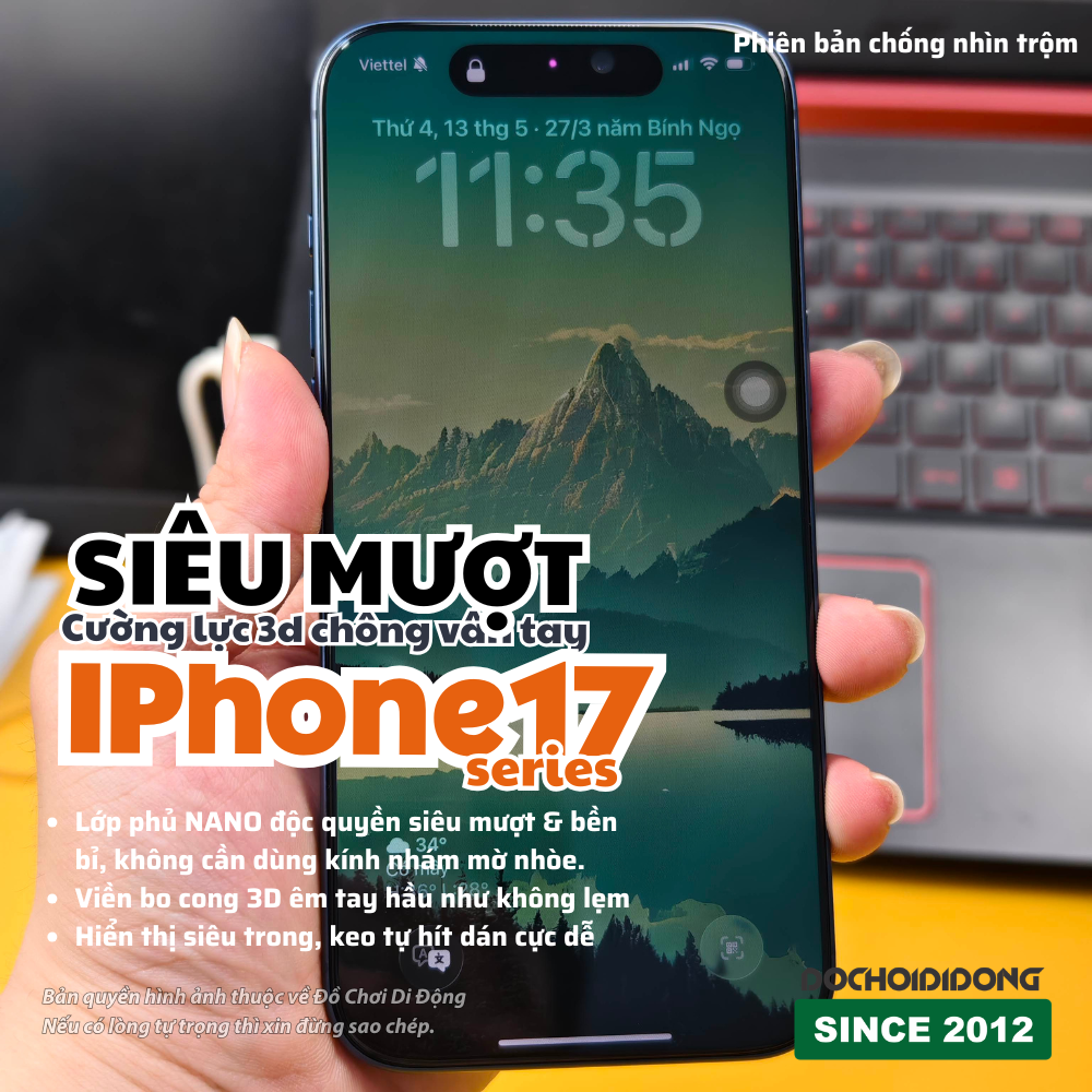 Kính Cường Lực 3D Nano Siêu Siêu Mượt Cho iPhone 17 / 16 Series (Pro / Pro Max) - Trong, chống nhìn trộm, chống chói AR