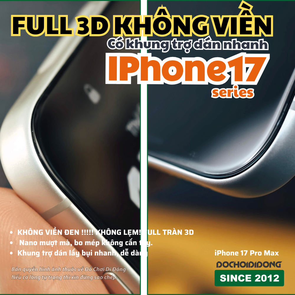 [Full 3D KHÔNG VIỀN CÓ KHUNG] Miếng dán Cường Lực iPhone 16 17 Pro Max 17 Air Zacase Siêu Mượt