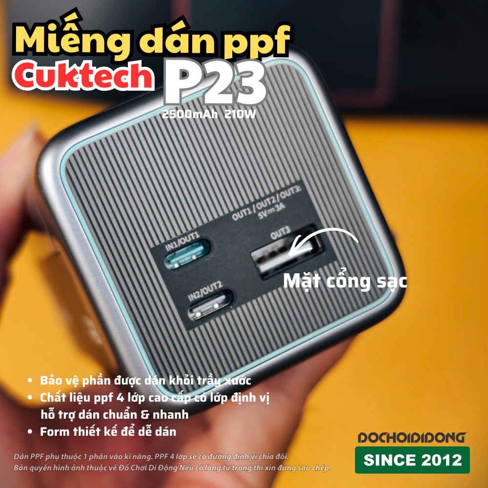 Miếng dán PPF Hydorgen Sạc Dự Phòng Cuktech P23 25000mAh 2C1A 210W  trong, nhám cao cấp