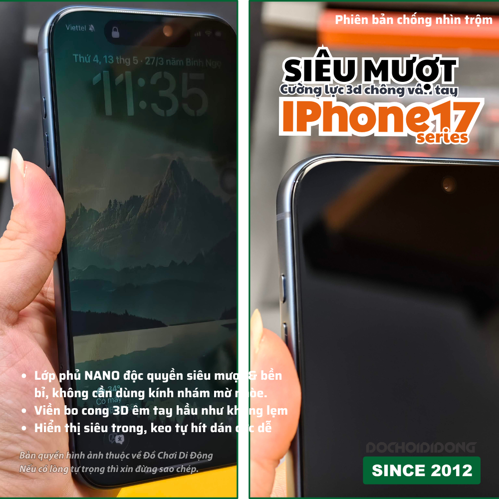 Kính Cường Lực 3D Nano Siêu Siêu Mượt Cho iPhone 17 / 16 Series (Pro / Pro Max) - Trong, chống nhìn trộm, chống chói AR