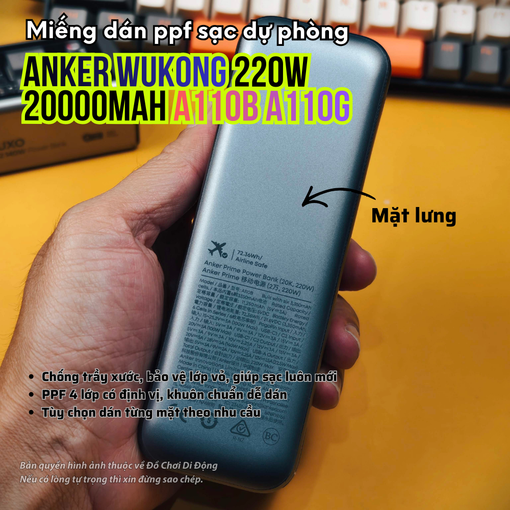 Miếng Dán PPF Chống Trầy Xước Sạc Dự Phòng Anker Wukong 220W 20000mAh A110B A110G (Màn Hình/Cổng/Đáy)