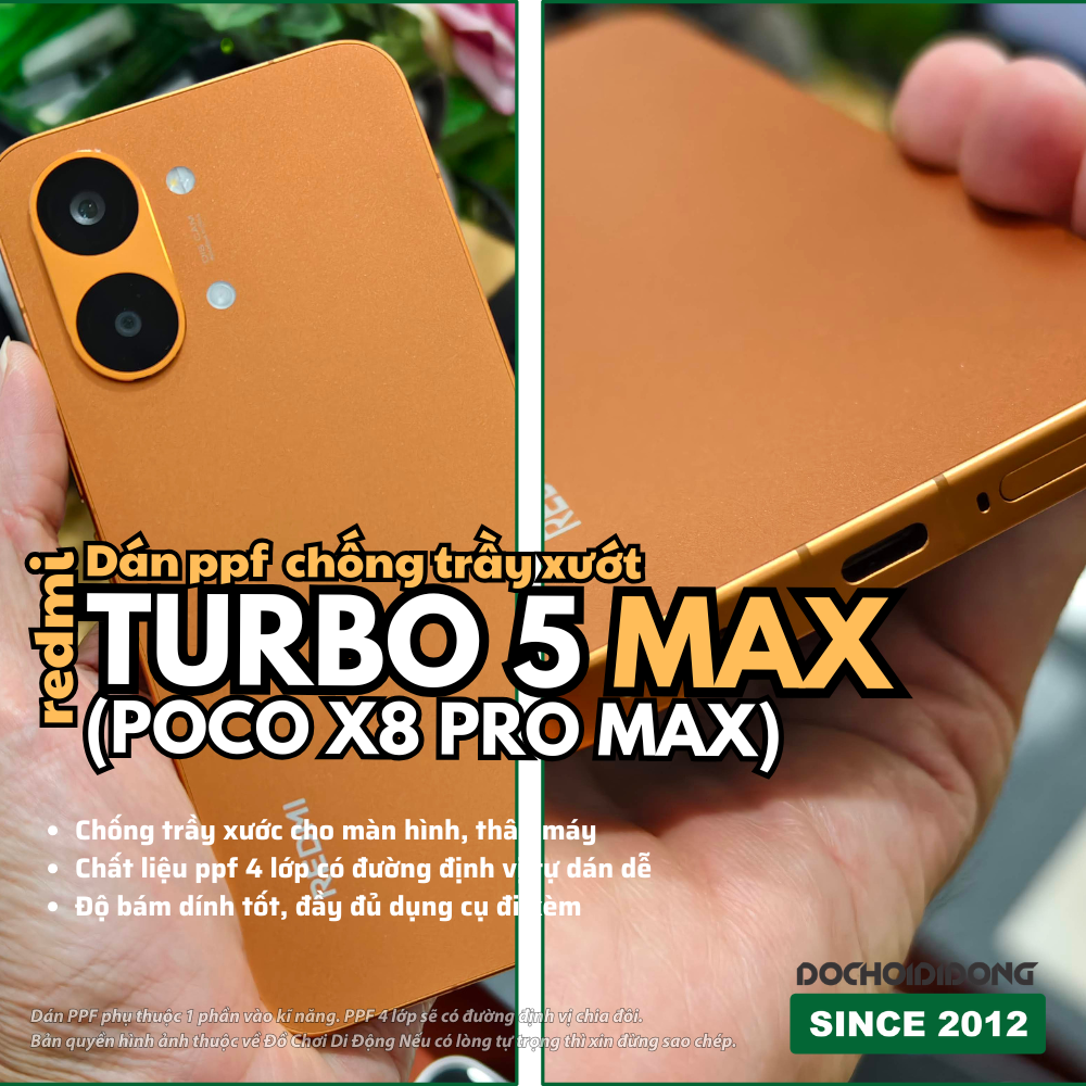 Miếng Dán PPF Redmi Turbo 5 Max / Poco X8 Pro Max trong bóng, nhám - Tùy Chọn Full Lưng Viền, màn hình