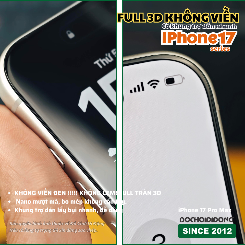 [Full 3D KHÔNG VIỀN CÓ KHUNG] Miếng dán Cường Lực iPhone 16 17 Pro Max 17 Air Zacase Siêu Mượt