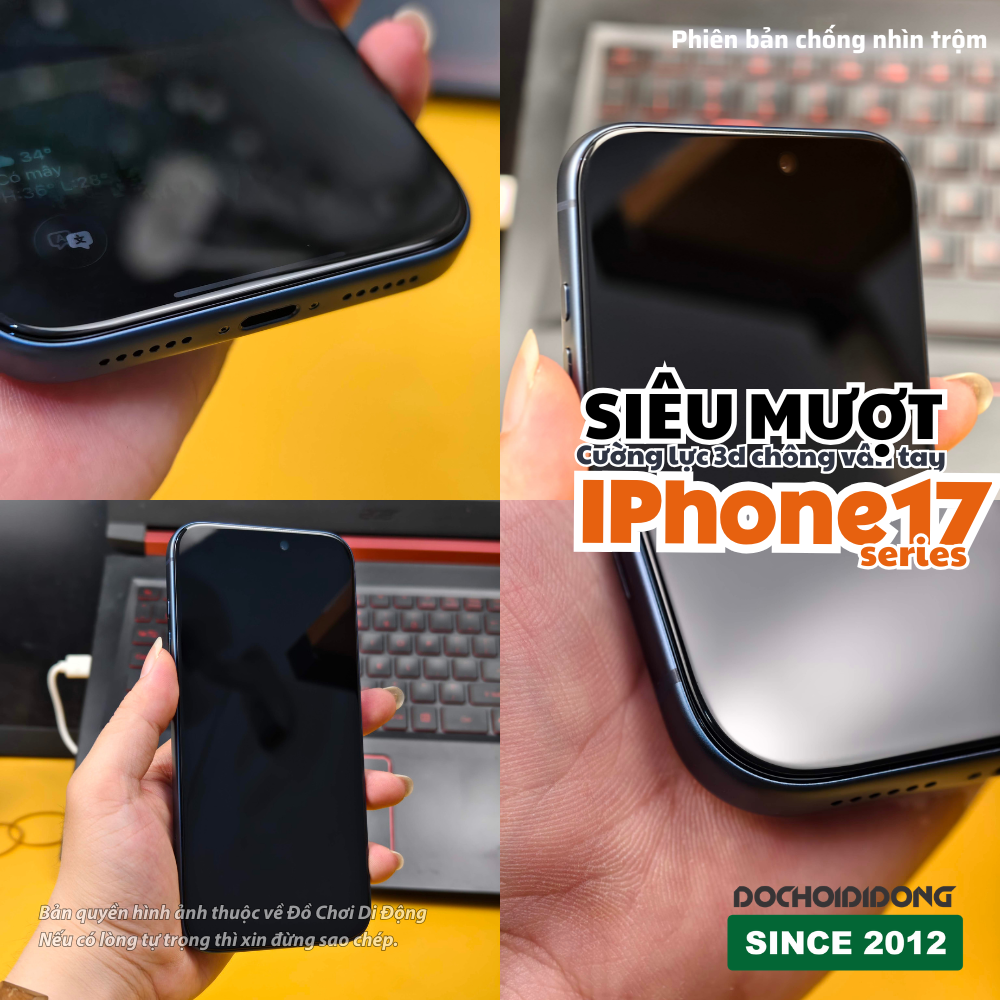 Kính Cường Lực 3D Nano Siêu Siêu Mượt Cho iPhone 17 / 16 Series (Pro / Pro Max) - Trong, chống nhìn trộm, chống chói AR