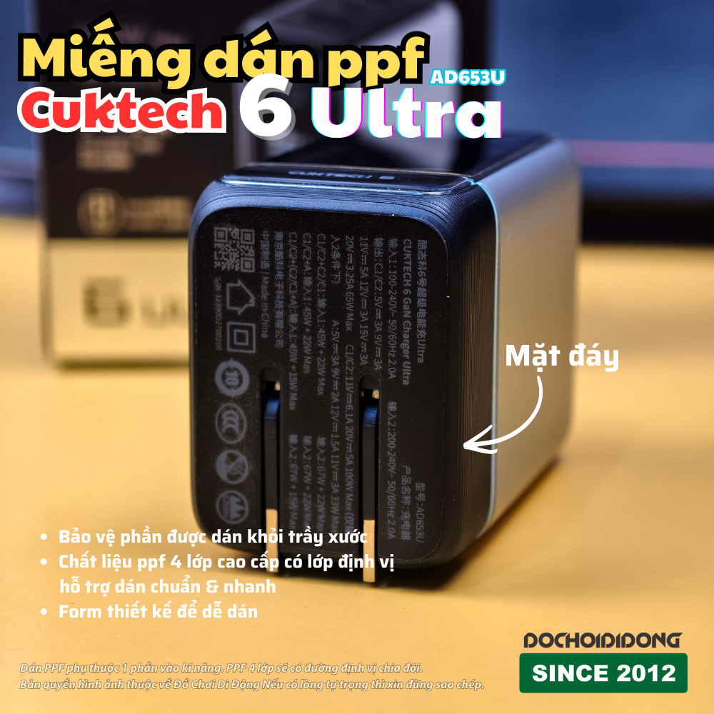 Miếng dán PPF chống trầy dock sạc Cuktech 6 Ultra AD653U – Full thân sạc, PPF 4 lớp cao cấp, dễ dán