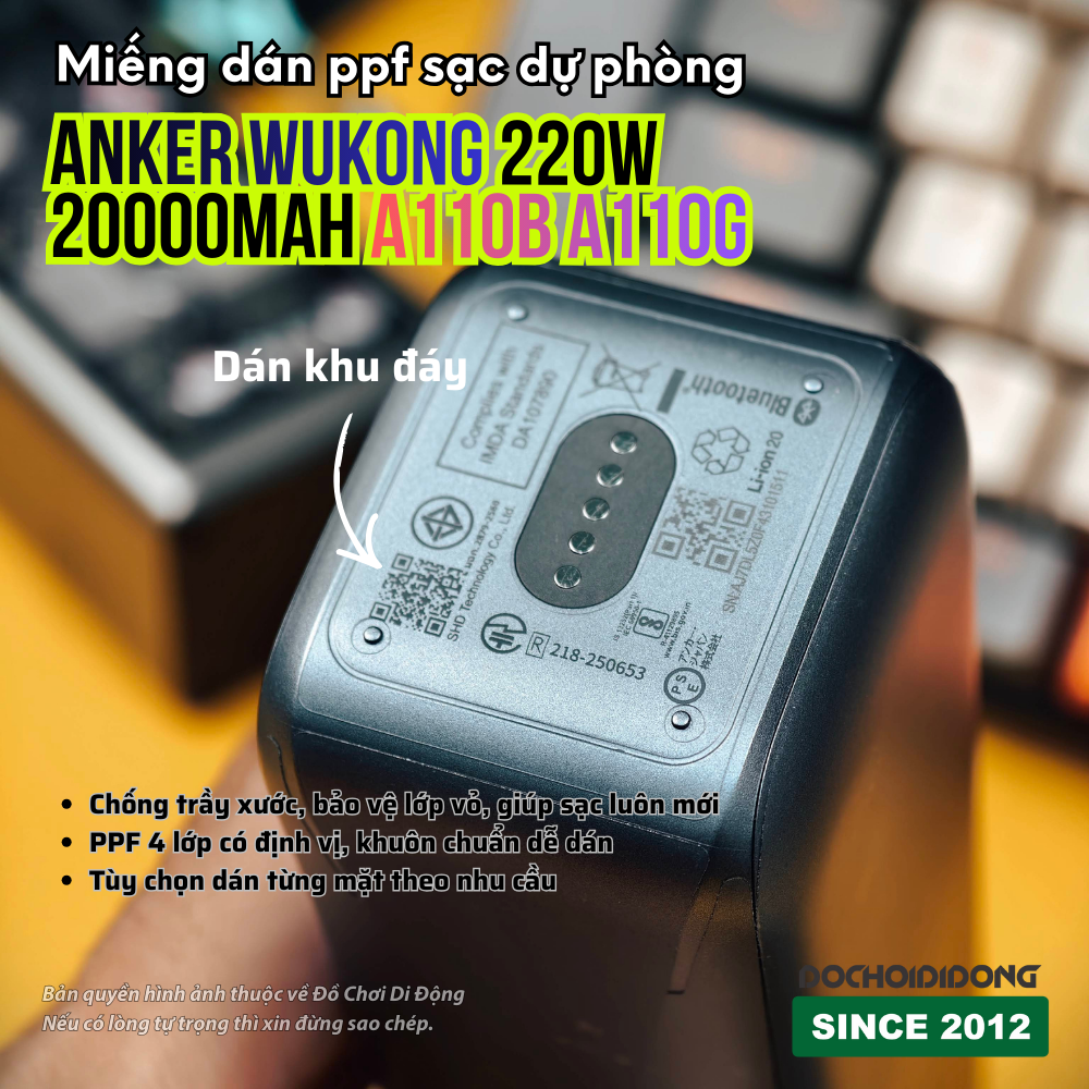 Miếng Dán PPF Chống Trầy Xước Sạc Dự Phòng Anker Wukong 220W 20000mAh A110B A110G (Màn Hình/Cổng/Đáy)