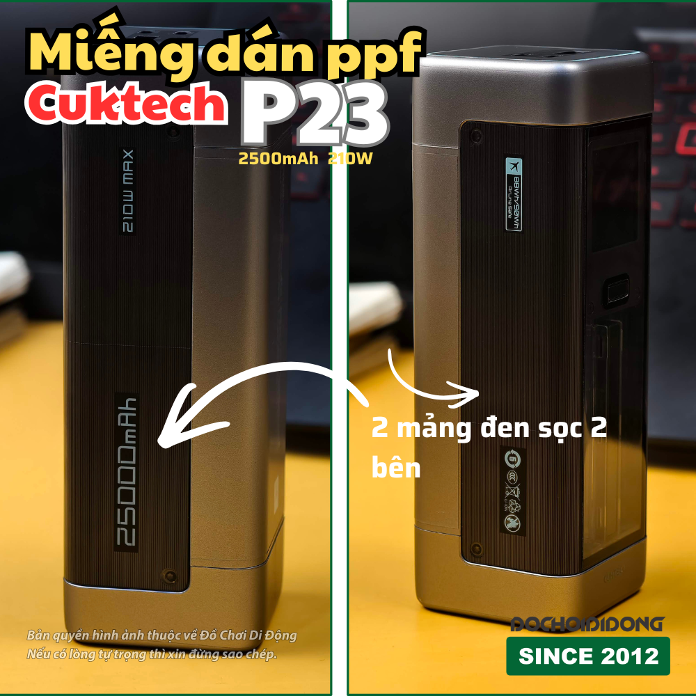 Miếng dán PPF Hydorgen Sạc Dự Phòng Cuktech P23 25000mAh 2C1A 210W  trong, nhám cao cấp
