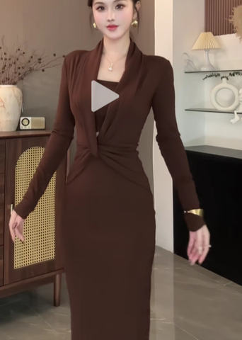 Đầm ôm dài xoắn nơ eo  kèm áo quây