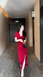 Đầm ôm cổ V thắt nơ eo dáng midi
