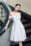 Đầm xòe bố len vai bệt có nơ gài trang trí