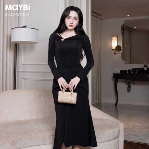 Chân váy midi ôm tuyết mưa phối xếp ly kiểu