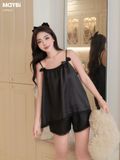 Bộ pyjama hai dây phối nơ ngắn chất lụa satin