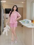 Bộ pyjama ngắn suông lụa tay ngắn viền