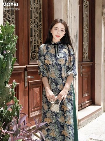Áo dài ôm lụa in họa tiết xanh phối nơ cổ
