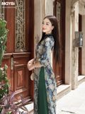 Áo dài ôm lụa in họa tiết xanh phối nơ cổ