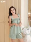 Bộ pyjama hai dây phối bèo ngắn lụa
