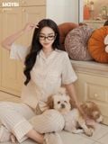 Bộ pyjama dài caro chất thô nhăn mềm ngắn tay