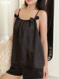 Bộ pyjama hai dây phối nơ ngắn chất lụa satin