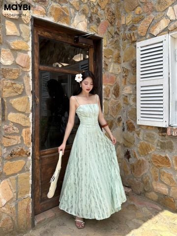 Đầm xòe ren xanh hai dây dáng midi