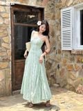 Đầm xòe ren xanh hai dây dáng midi