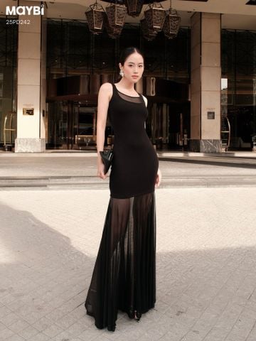 Đầm thun ôm hai dây bản to dáng maxi