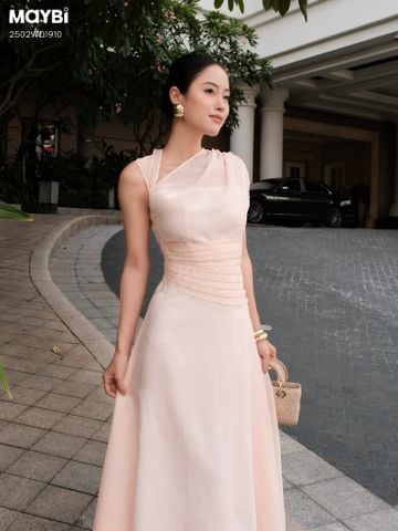 Đầm xòe tơ gân nhún vai cổ xéo dáng midi (màu cam đào)