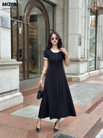 Đầm thun ôm đen cổ phối trắng tay ngắn dáng midi